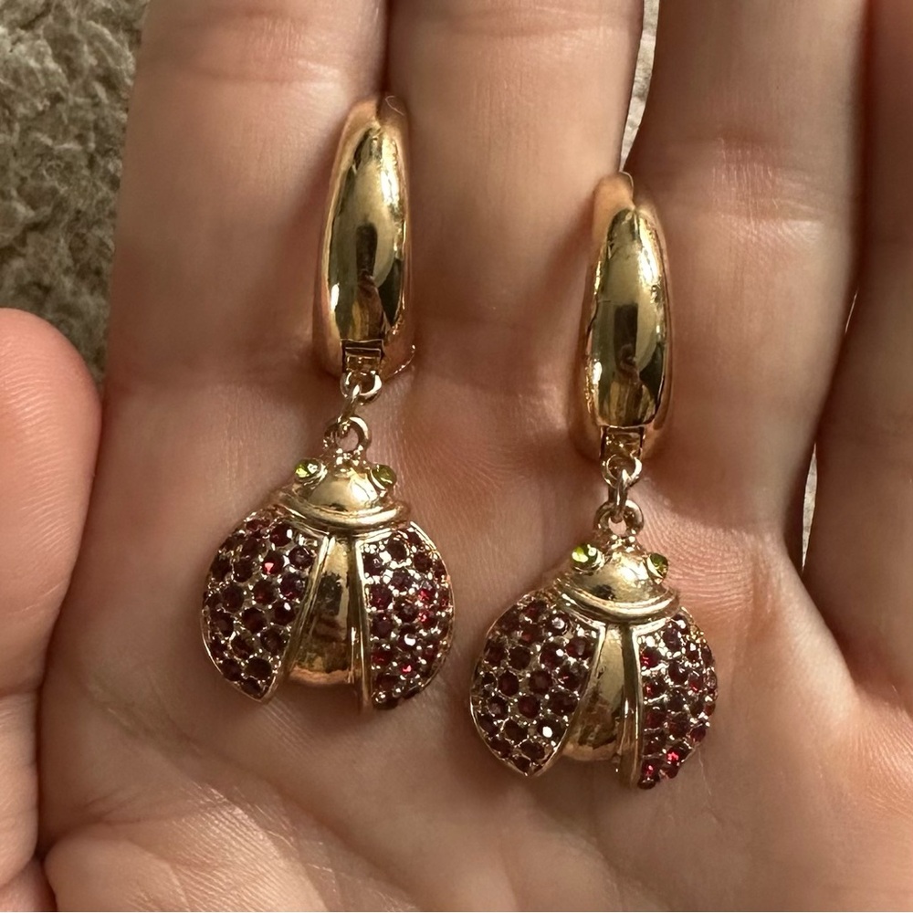 NWT H&M Ladybug Gold Dangle Earrings w/Red Crystals on Wings and Green on Eyes